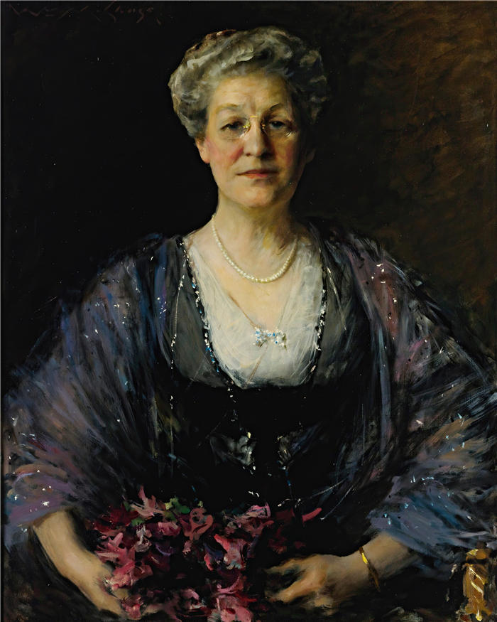 威廉·梅里特·蔡斯（William Merritt Chase，美国画家）高清油画作品下载-《玛蒂尔达·赫伯特·劳埃德 (1855-1945) 的肖像（约 1912 年）》