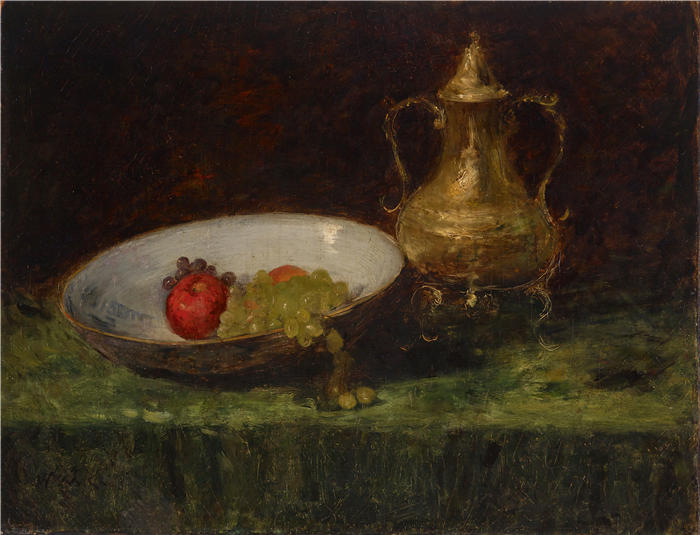 威廉·梅里特·蔡斯（William Merritt Chase，美国画家）高清油画作品下载-《静物（水果和铜锅）》