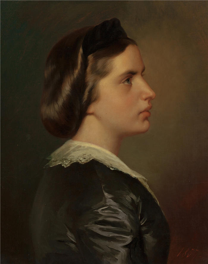 弗朗兹·萨维尔·温特豪德（Franz Xaver Winterhalter，德国画家）高清油画下载-《简介中的年轻女子肖像（约 1867 年）》