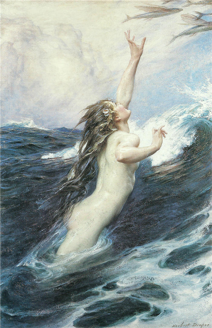 赫伯特·詹姆斯·德雷珀 (Herbert James Draper，英国画家) 高清作品-《飞鱼（约 1910 年）》