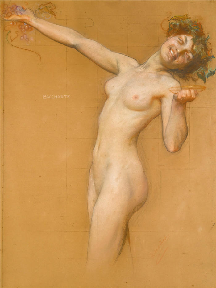 赫伯特·詹姆斯·德雷珀 (Herbert James Draper,英国画家) 高清作品-《Bacchante,为复古的早晨而学习》