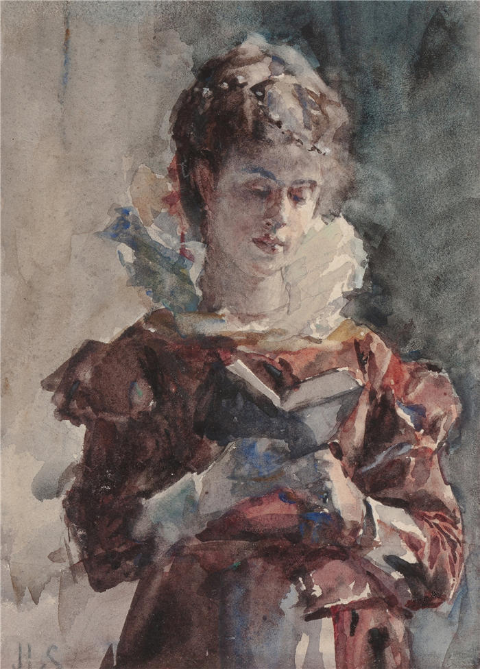 朱利叶斯·勒布朗·斯图尔特（Julius LeBlanc Stewart，美国画家）高清作品下载-《一个女人读书的肖像》