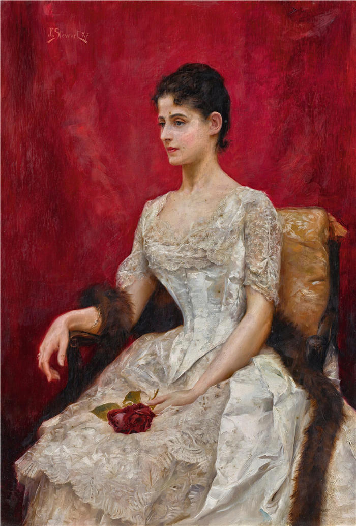 朱利叶斯·勒布朗·斯图尔特（Julius LeBlanc Stewart，美国画家）高清作品下载-《白衣女郎 (1887)》
