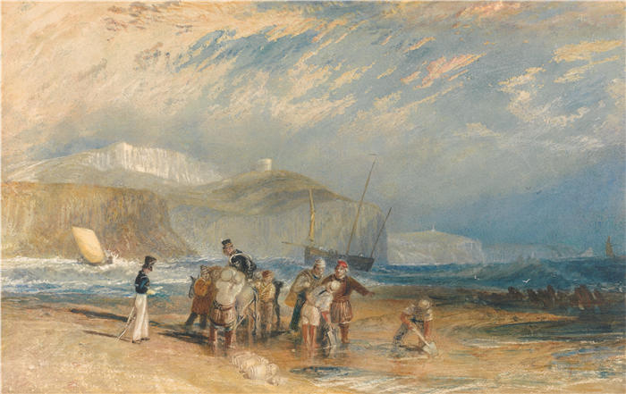 约瑟夫·马洛德·威廉·特纳(Joseph Mallord William Turner,英国画家)高清作品下载-《福克斯通港和海岸到多佛(约 1829 年)》
