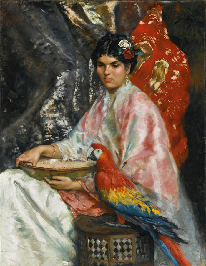 朱利叶斯·勒布朗·斯图尔特（Julius LeBlanc Stewart，美国画家）高清作品下载-《鹦鹉夫人 (1875)》