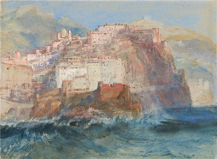 约瑟夫·马洛德·威廉·特纳(Joseph Mallord William Turner,英国画家)高清作品下载-《热那亚,从海上,仰望卡里尼亚诺的圣玛丽亚阿松塔教堂》