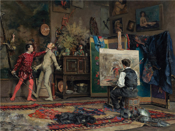 朱利叶斯·勒布朗·斯图尔特（Julius LeBlanc Stewart，美国画家）高清作品下载-《在艺术家的工作室（1875）》