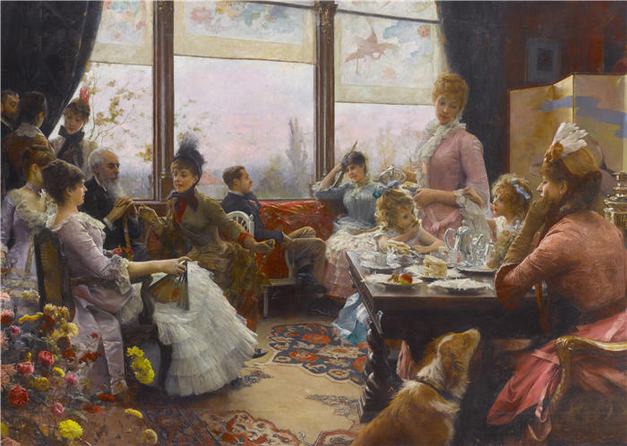朱利叶斯·勒布朗·斯图尔特（Julius LeBlanc Stewart，美国画家）高清作品下载-《五点钟茶（1883-1884）》