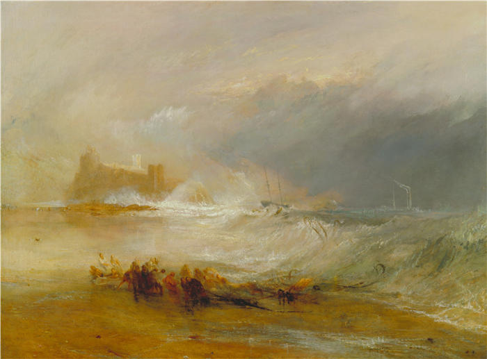 约瑟夫·马洛德·威廉·特纳(Joseph Mallord William Turner,英国画家)高清作品下载-《清障车 - 诺森伯兰郡海岸,一艘汽船协助离岸船只(1833 - 1834 年)》
