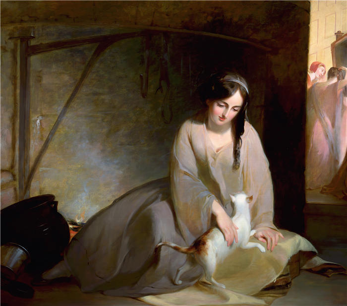 托马斯·萨利 (Thomas Sully，美国画家)高清作品-《厨房火灾中的灰姑娘 (1843)》