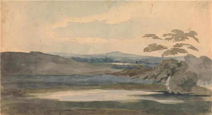 托马斯·萨利 (Thomas Sully，美国画家)高清作品-《风景与树木和山脉，前景中的湖泊》