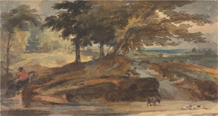 托马斯·萨利 (Thomas Sully,美国画家)高清作品-《景观与山丘与树木,马背上的人物》