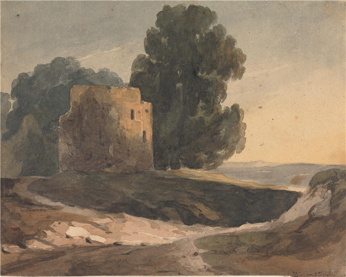 托马斯·萨利 (Thomas Sully，美国画家)高清作品-《风景与毁坏的城堡，树木》