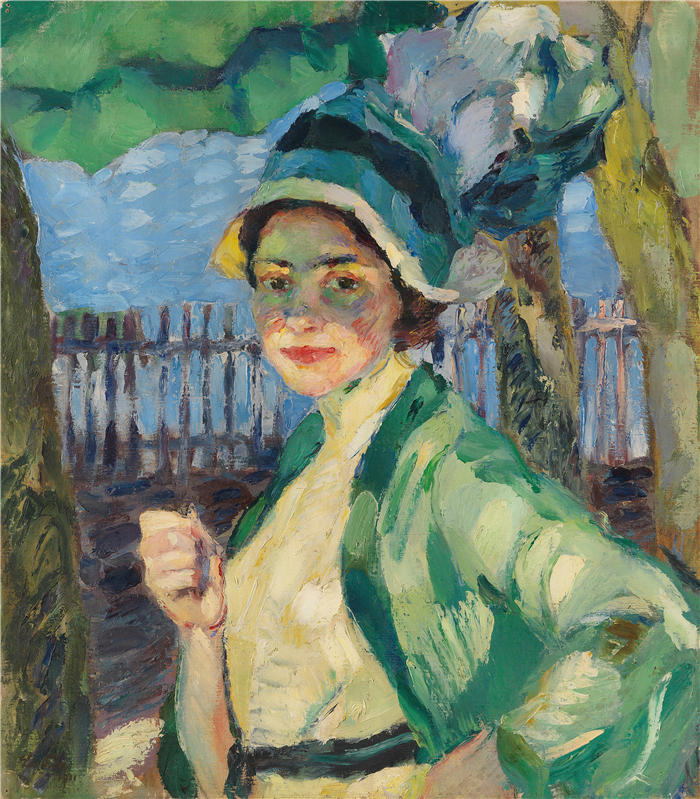 利奥·普茨 (Leo Putz，德国画家)高清油画作品-《 绿伞下的一位女士肖像（1911年）》