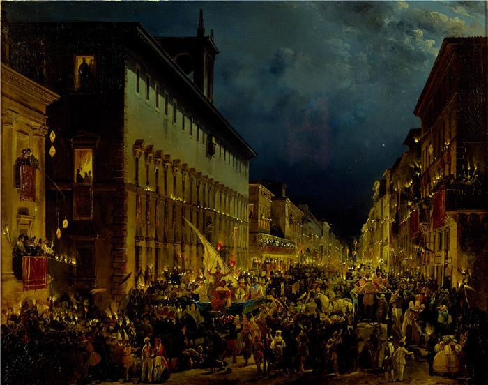 伊波利托·卡菲（Ippolito Caffi，意大利画家）高清油画作品-《罗马的莫科利之夜 (1834)》