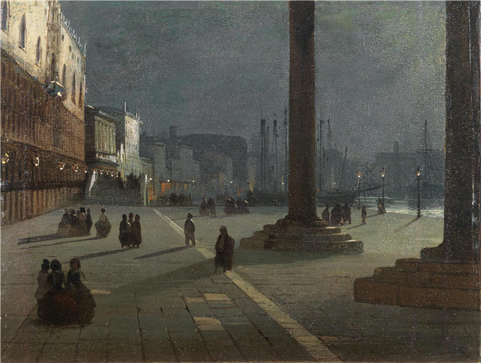 伊波利托·卡菲（Ippolito Caffi，意大利画家）高清油画作品-《圣马可威尼斯码头》