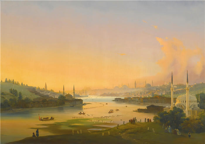 伊波利托·卡菲（Ippolito Caffi，意大利画家）高清油画作品-《金角湾日出（1844 年）》