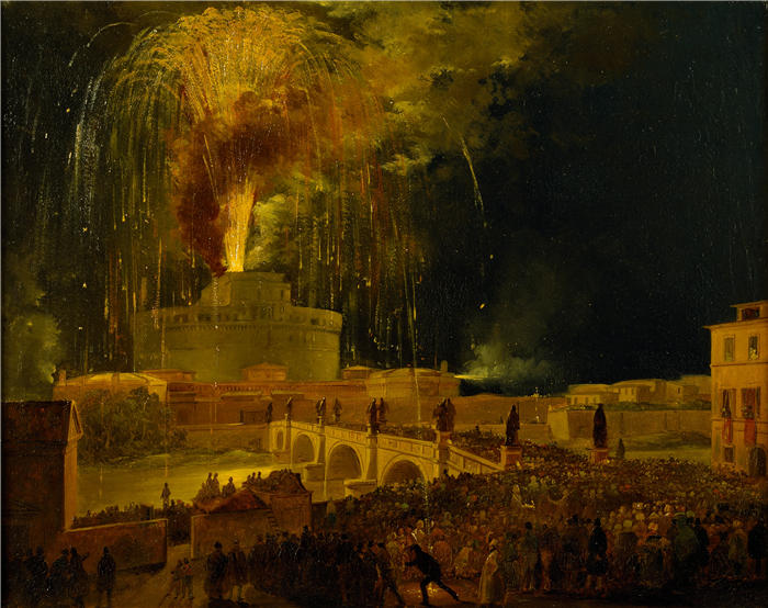 伊波利托·卡菲（Ippolito Caffi，意大利画家）高清油画作品-《罗马圣天使城堡的 La Girandola 烟花（1830 年代）》