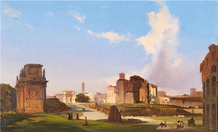 伊波利托·卡菲（Ippolito Caffi，意大利画家）高清油画作品-《罗马广场与君士坦丁拱门的景色》