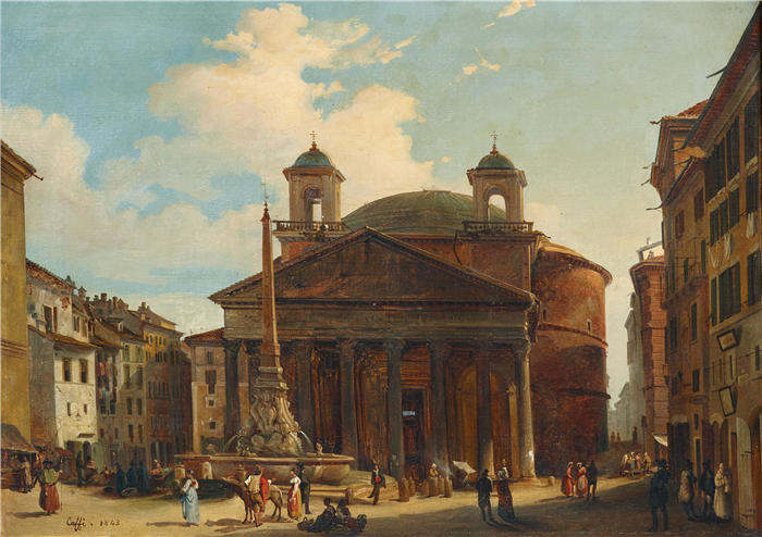 伊波利托·卡菲（Ippolito Caffi，意大利画家）高清油画作品-《罗马，万神殿（1843 年）》