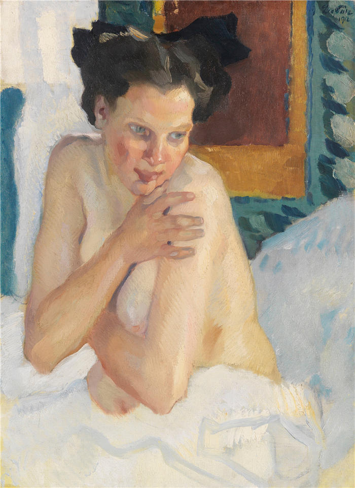 利奥·普茨 (Leo Putz，德国画家)高清油画作品-《 醒来（坐着哈尔巴克）（1912）》
