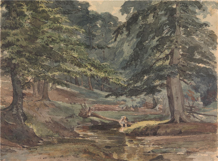 托马斯·萨利 (Thomas Sully，美国画家)高清作品-《树木繁茂的河流场景》