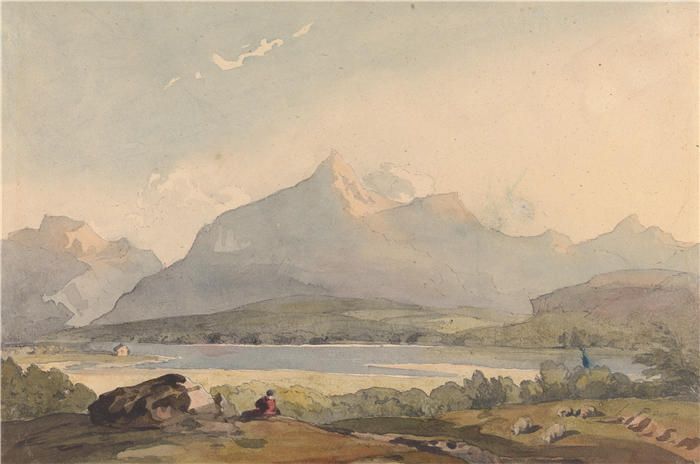 托马斯·萨利 (Thomas Sully，美国画家)高清作品-《前景为湖泊和人物的山地景观》