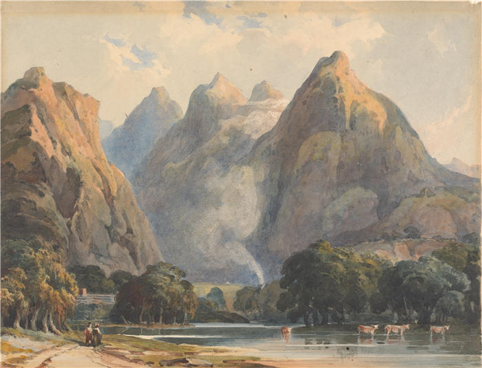 托马斯·萨利 (Thomas Sully，美国画家)高清作品-《山景与溪流、奶牛和人物》