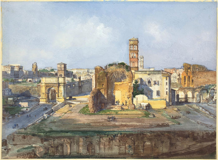 伊波利托·卡菲（Ippolito Caffi，意大利画家）高清油画作品-《提图斯拱门和罗马广场附近的维纳斯和罗马神庙》