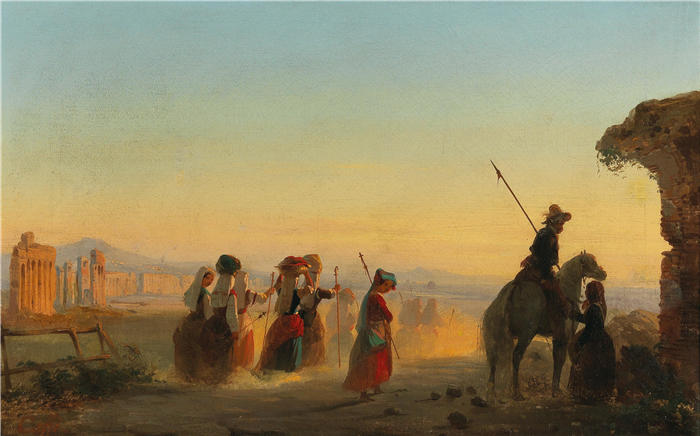 伊波利托·卡菲（Ippolito Caffi，意大利画家）高清油画作品-《罗马，黎明时分的阿皮亚大街》