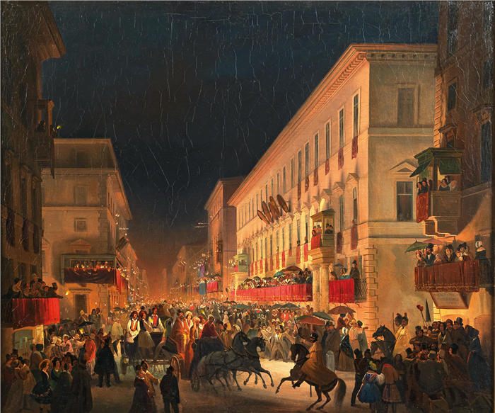 伊波利托·卡菲（Ippolito Caffi，意大利画家）高清油画作品-《罗马狂欢节，莫科莱蒂盛宴》