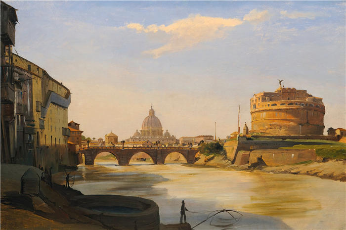伊波利托·卡菲（Ippolito Caffi，意大利画家）高清油画作品-《罗马圣天使城堡的景色》