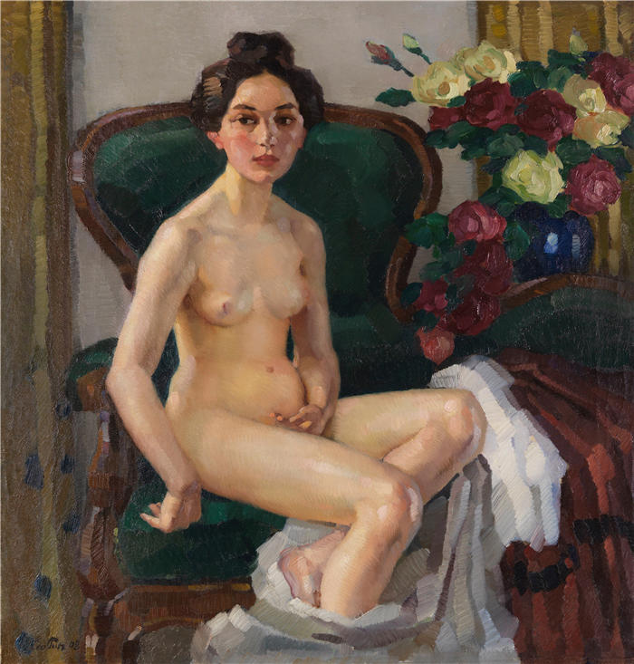 利奥·普茨 (Leo Putz,德国画家)高清油画作品-《 在沙发上II(古斯蒂)(1908)》