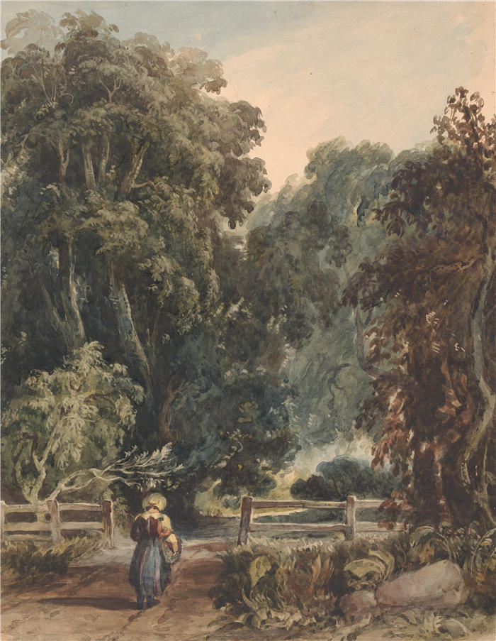 托马斯·萨利 (Thomas Sully，美国画家)高清作品-《巷子里的女孩，进入林区（1834 年）》