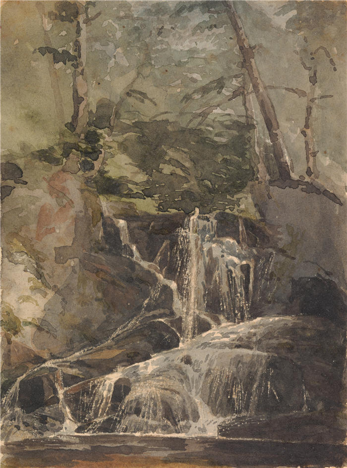 托马斯·萨利 (Thomas Sully，美国画家)高清作品-《森林中的小瀑布》