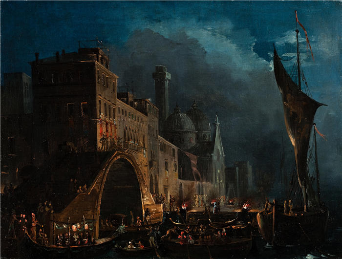 伊波利托·卡菲（Ippolito Caffi，意大利画家）高清油画作品-《威尼斯晚会 (1824-1838)》
