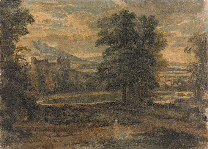 托马斯·萨利 (Thomas Sully，美国画家)高清作品-《有山、城堡、树和湖的风景》