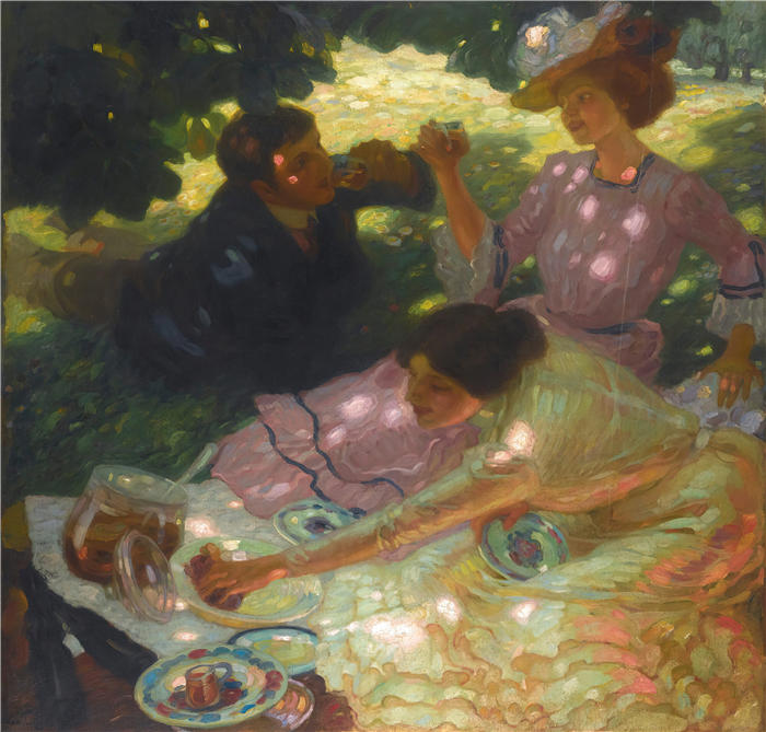 利奥·普茨 (Leo Putz，德国画家)高清油画作品-《 野餐 (1903)》