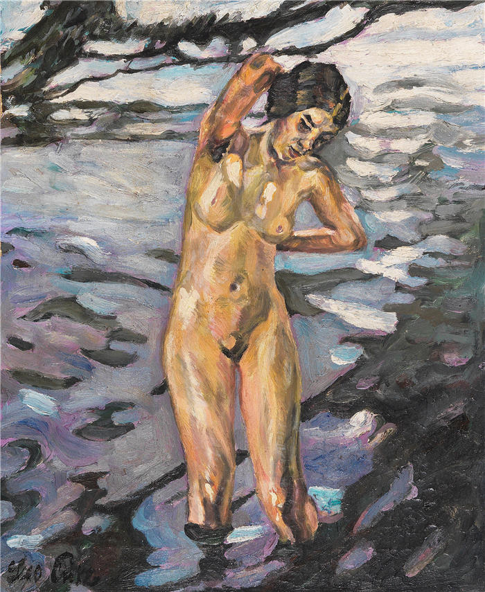 利奥·普茨 (Leo Putz，德国画家)高清油画作品-《 游泳，站立女性（1914年）》