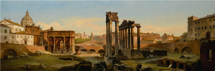 伊波利托·卡菲（Ippolito Caffi，意大利画家）高清油画作品-《罗马，下午光下的论坛景观》