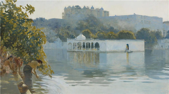 埃德温·洛德·韦克斯（Edwin Lord Weeks，美国画家）高清油画作品下载-《印度 Oodeypore 湖》