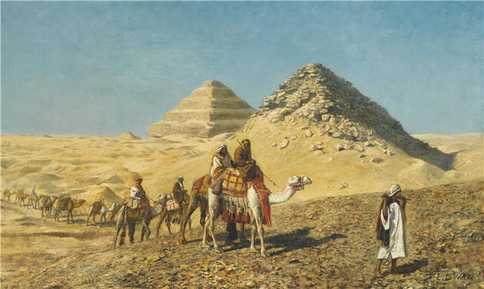 埃德温·洛德·韦克斯（Edwin Lord Weeks，美国画家）高清油画作品下载-《埃及金字塔中的骆驼商队》