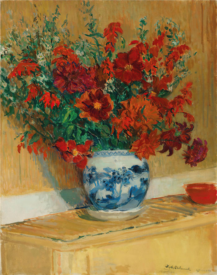雅克-埃米尔·布兰奇（Jacques-Émile Blanche,法国画家）高清艺术作品-《蓝色花瓶中的花束（1916 年）》