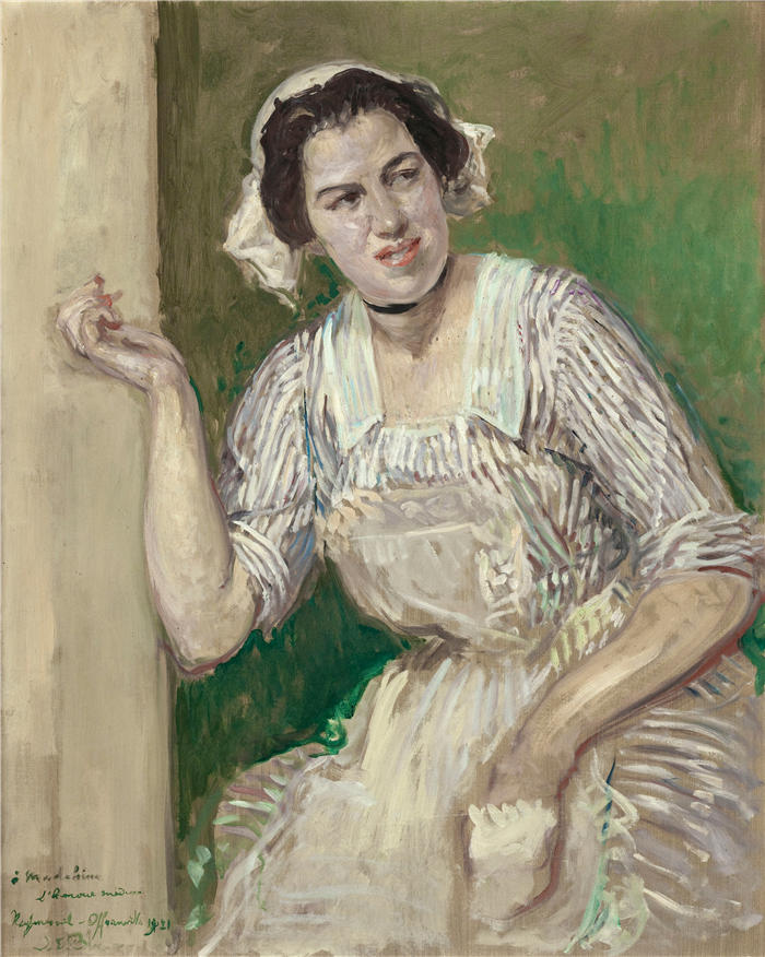 雅克-埃米尔·布兰奇（Jacques-Émile Blanche,法国画家）高清艺术作品-《玛德琳·皮萨德的肖像 (l'amour médecin) (1921)》