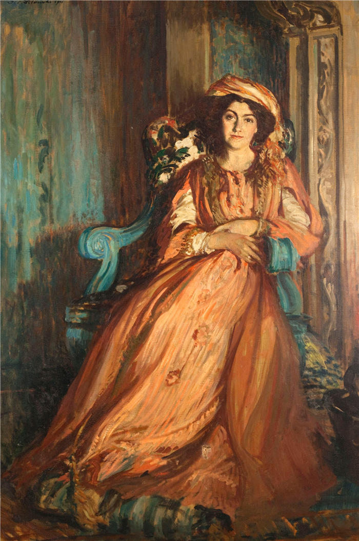 雅克-埃米尔·布兰奇（Jacques-Émile Blanche,法国画家）高清艺术作品-《肖像 de Mabel Dodge à la Villa Curonia (1911)》
