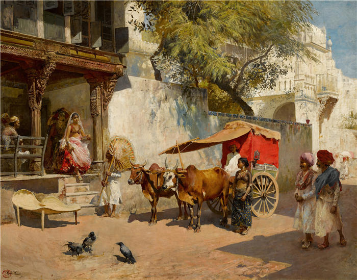 埃德温·洛德·韦克斯（Edwin Lord Weeks，美国画家）高清油画作品下载-《Nautch 女孩和公牛加里，艾哈迈达巴德（印度古吉拉特邦）》
