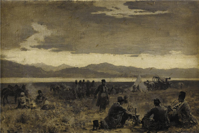 埃德温·洛德·韦克斯（Edwin Lord Weeks，美国画家）高清油画作品下载-《乌鲁米耶湖岸边的清晨营地（大约 1892 年）》