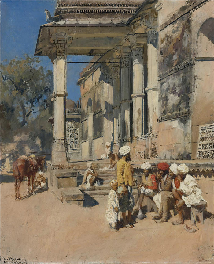 埃德温·洛德·韦克斯（Edwin Lord Weeks，美国画家）高清油画作品下载-《清真寺的门廊，艾哈迈达巴德》
