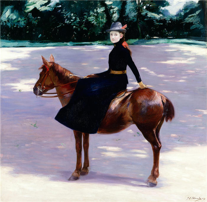 雅克-埃米尔·布兰奇（Jacques-Émile Blanche,法国画家）高清艺术作品-《梅里奥小姐骑着她的小马 (1889)》
