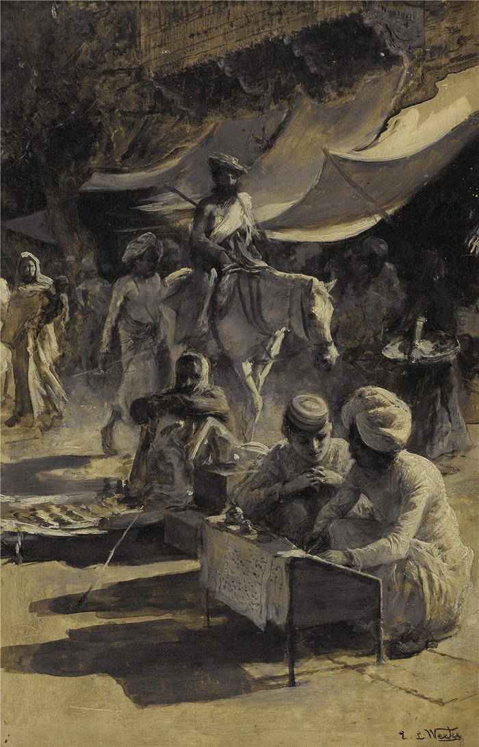 埃德温·洛德·韦克斯（Edwin Lord Weeks，美国画家）高清油画作品下载-《街头生活（大约 1890 年代）》